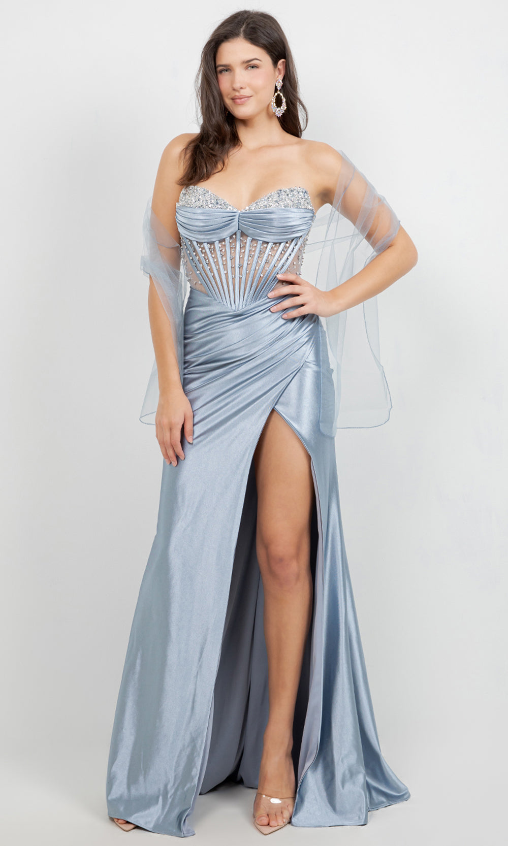 Cinderella Couture 8449J - Floral Applique Illusion Strapless Prom Gown Prom Dresses in Blue 