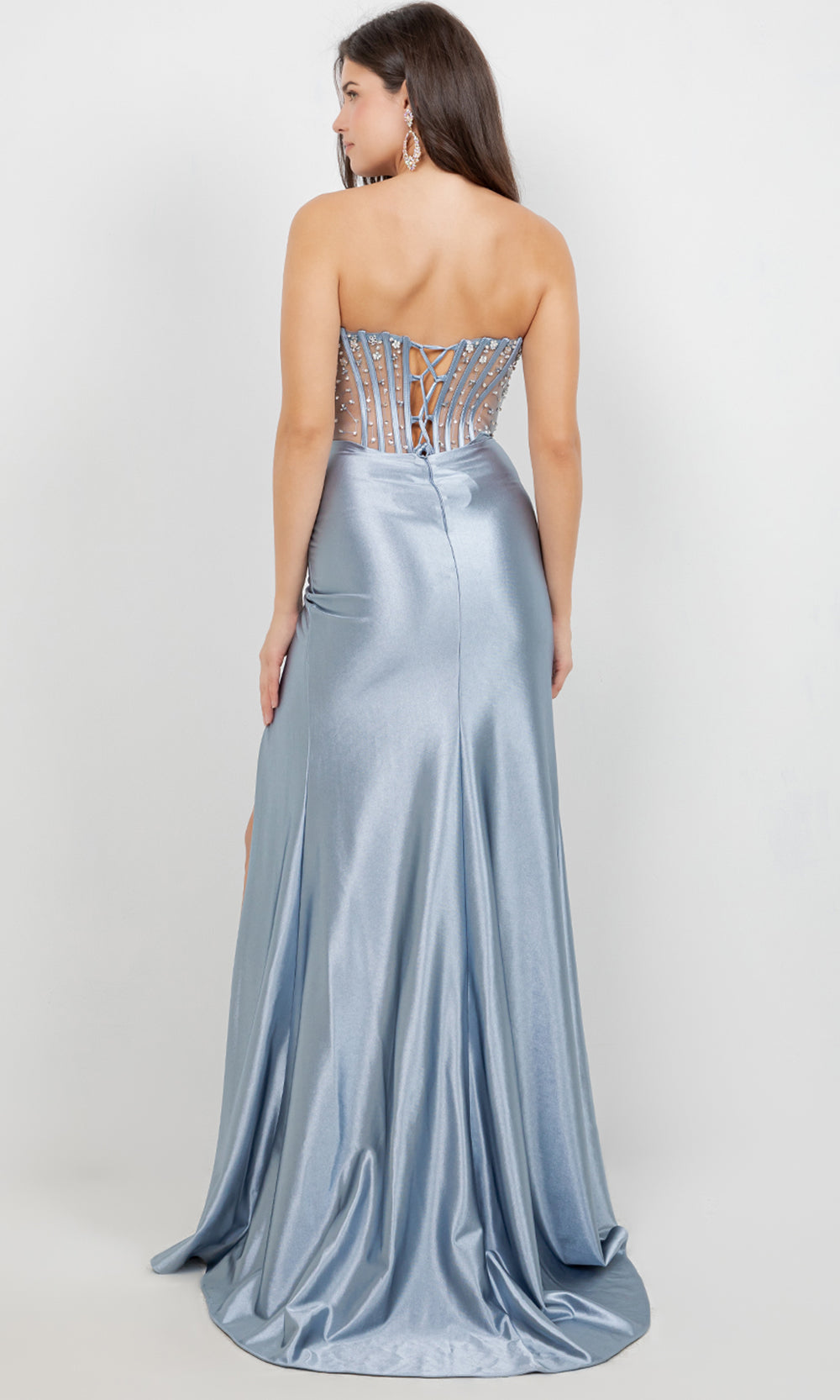 Cinderella Couture 8449J - Floral Applique Illusion Strapless Prom Gown Prom Dresses in Blue 