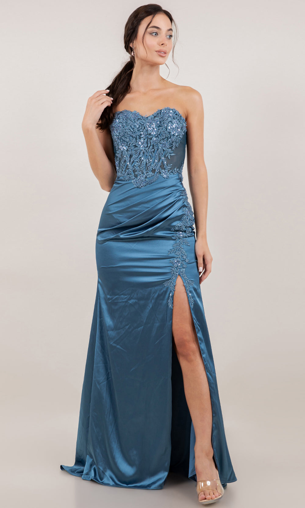 Cinderella Couture 8453J - Satin Strapless Floral Applique Prom Gown Prom Dresses in Dusty Blue