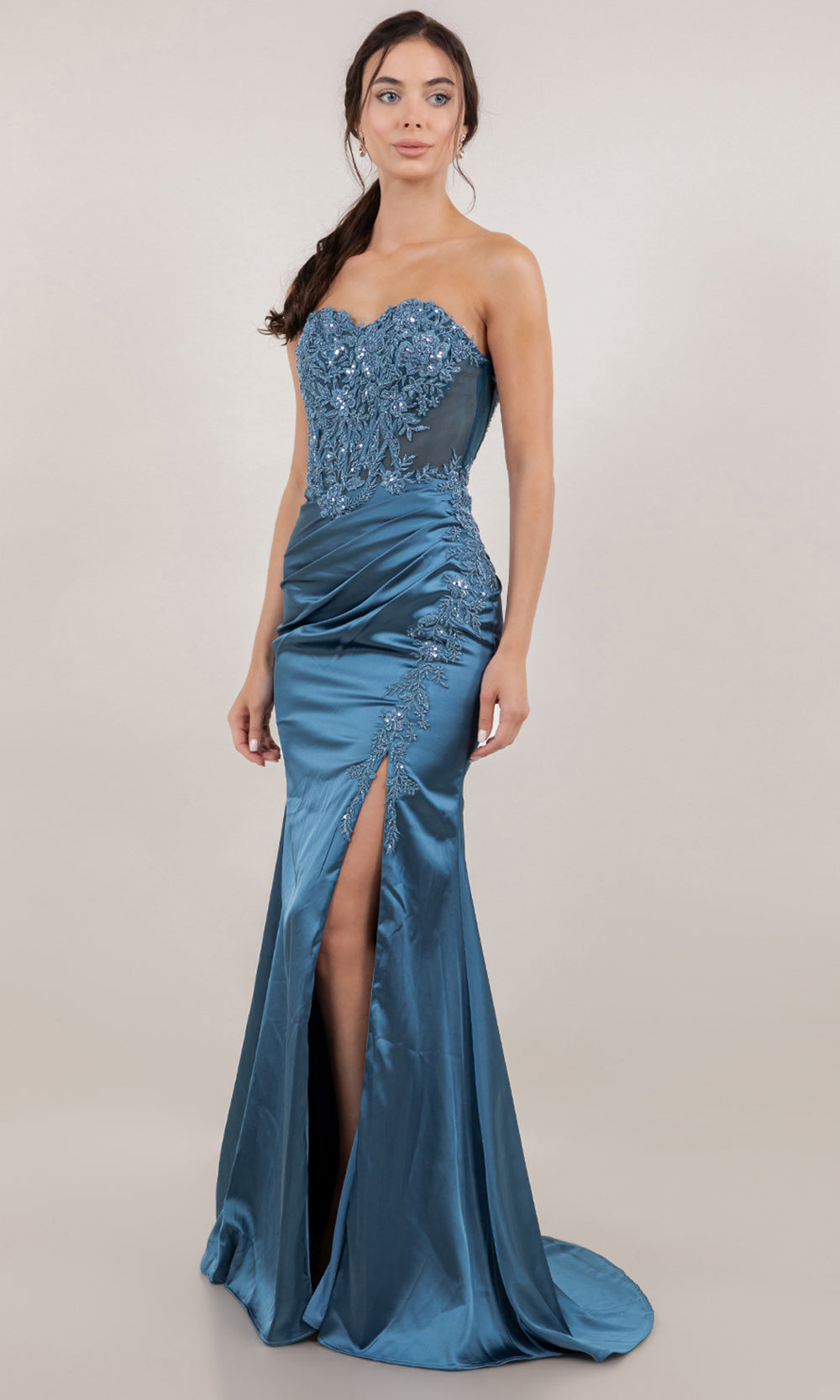 Cinderella Couture 8453J - Satin Strapless Floral Applique Prom Gown Prom Dresses in Dusty Blue