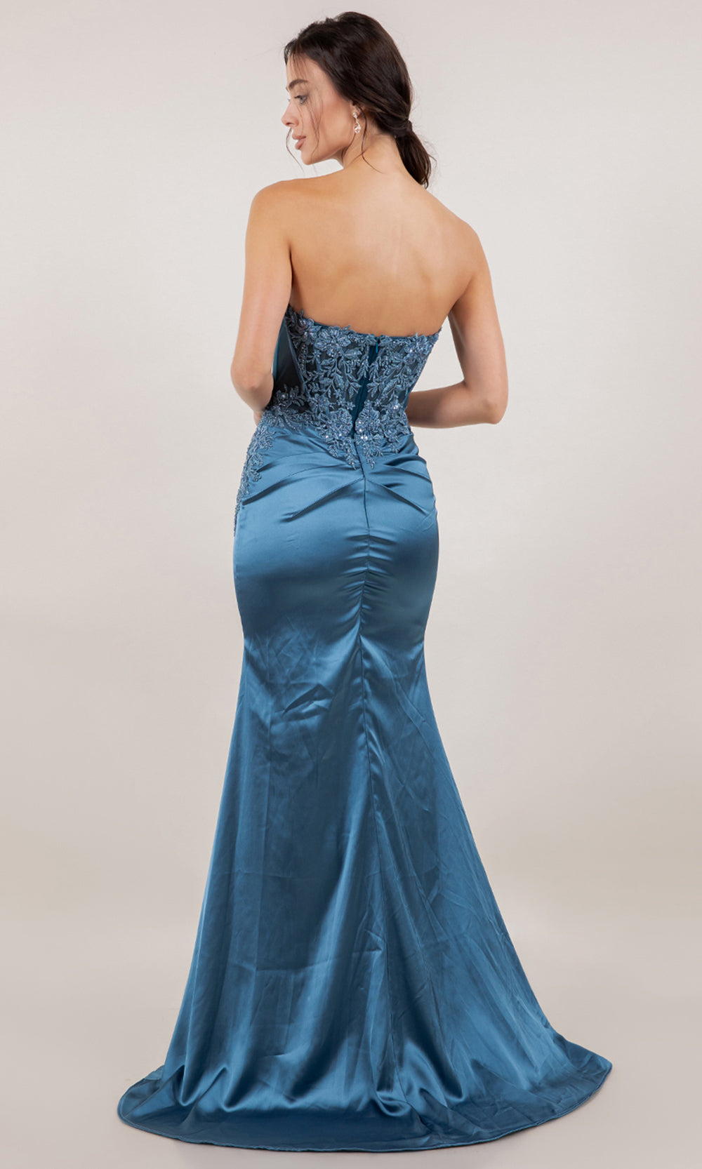 Cinderella Couture 8453J - Satin Strapless Floral Applique Prom Gown Prom Dresses in Dusty Blue