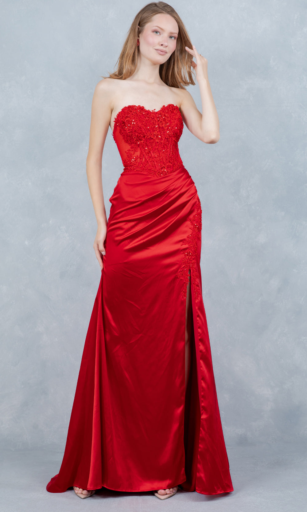 Cinderella Couture 8453J - Satin Strapless Floral Applique Prom Gown Prom Dresses in Red 