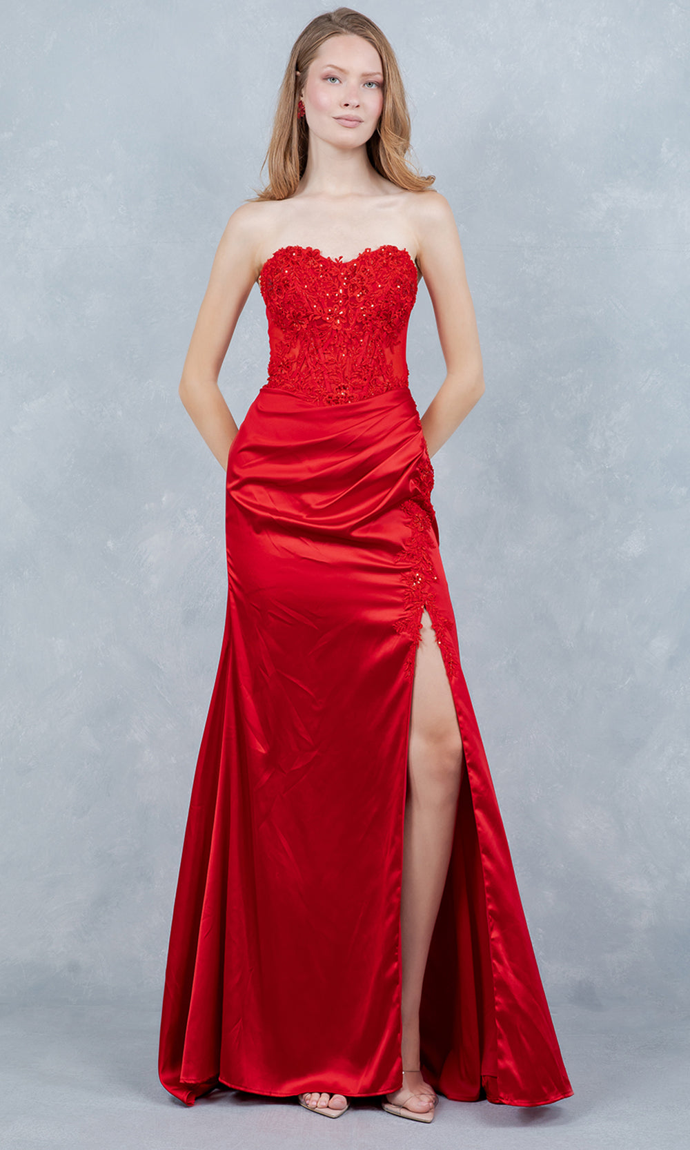 Cinderella Couture 8453J - Satin Strapless Floral Applique Prom Gown Prom Dresses in Red 