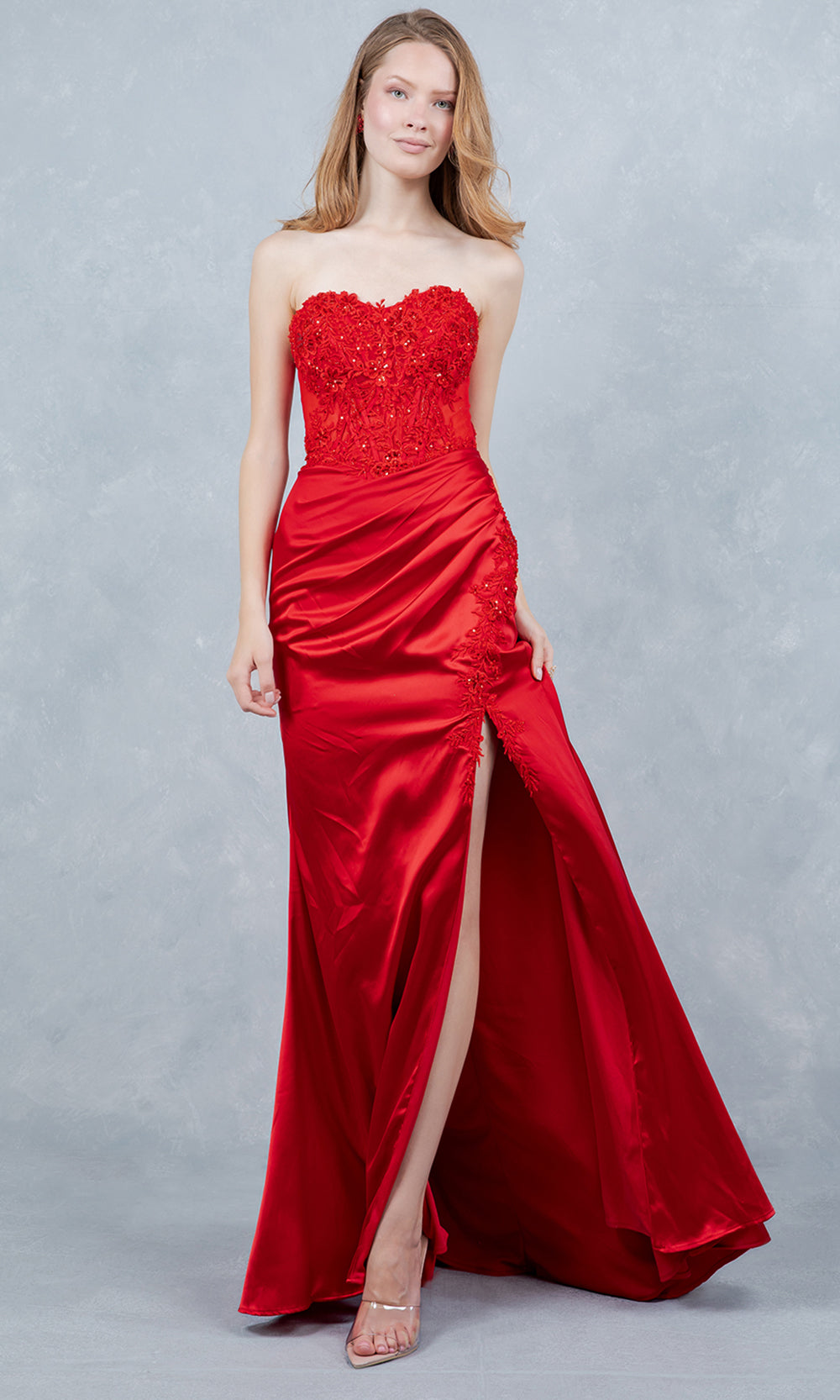 Cinderella Couture 8453J - Satin Strapless Floral Applique Prom Gown Prom Dresses in Red 