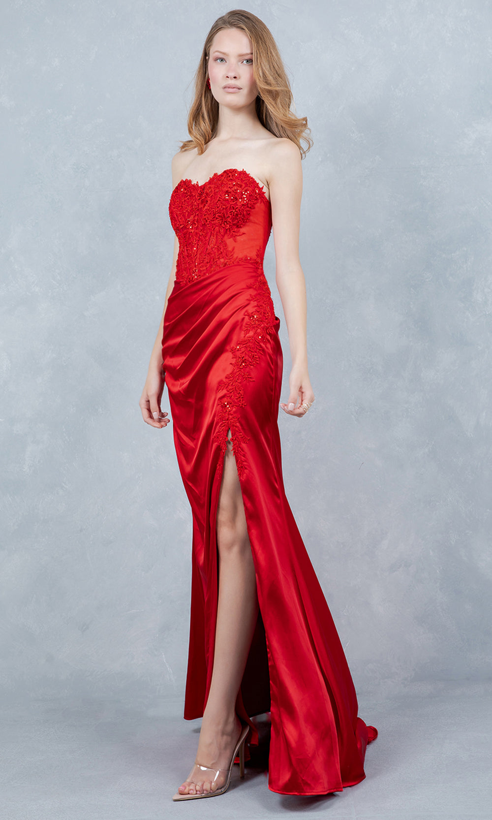 Cinderella Couture 8453J - Satin Strapless Floral Applique Prom Gown Prom Dresses in Red 