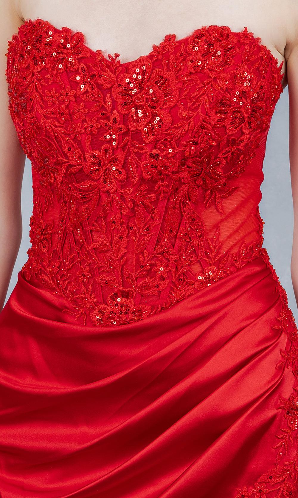 Cinderella Couture 8453J - Satin Strapless Floral Applique Prom Gown Prom Dresses in Red 