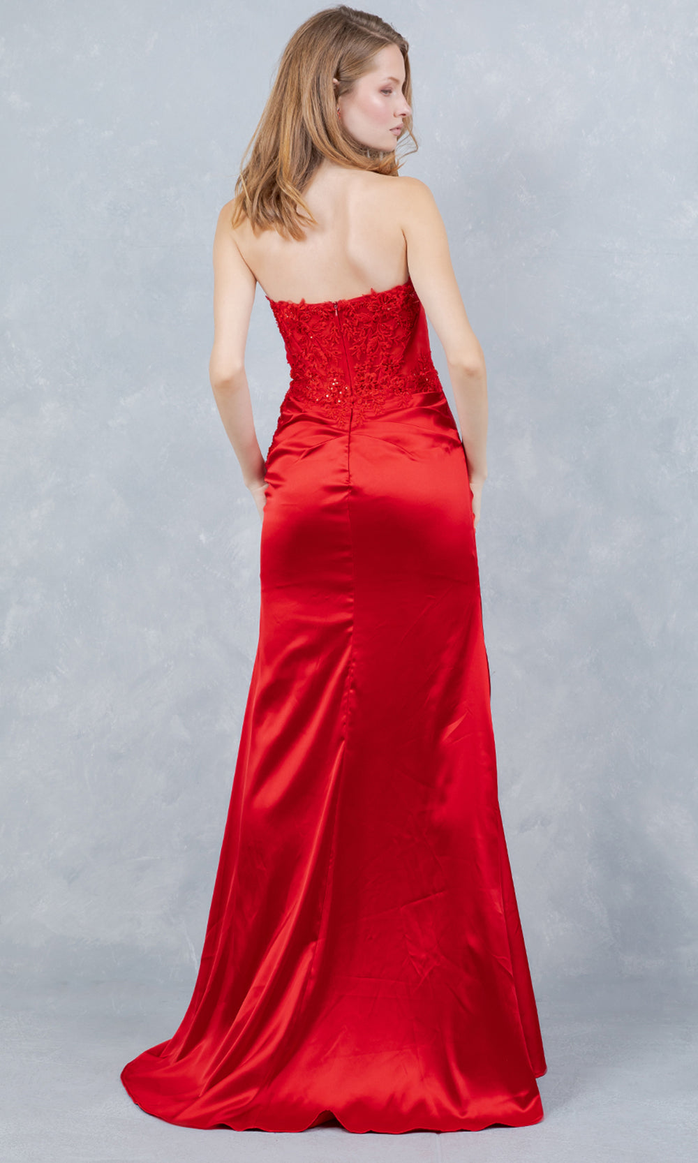 Cinderella Couture 8453J - Satin Strapless Floral Applique Prom Gown Prom Dresses in Red 