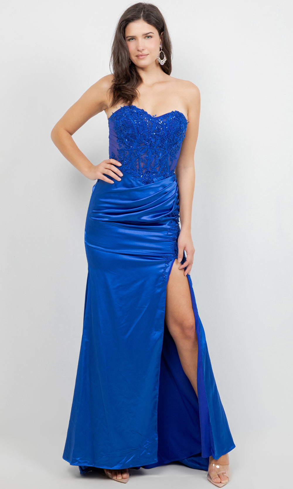Cinderella Couture 8453J - Satin Strapless Floral Applique Prom Gown Prom Dresses in Royal 