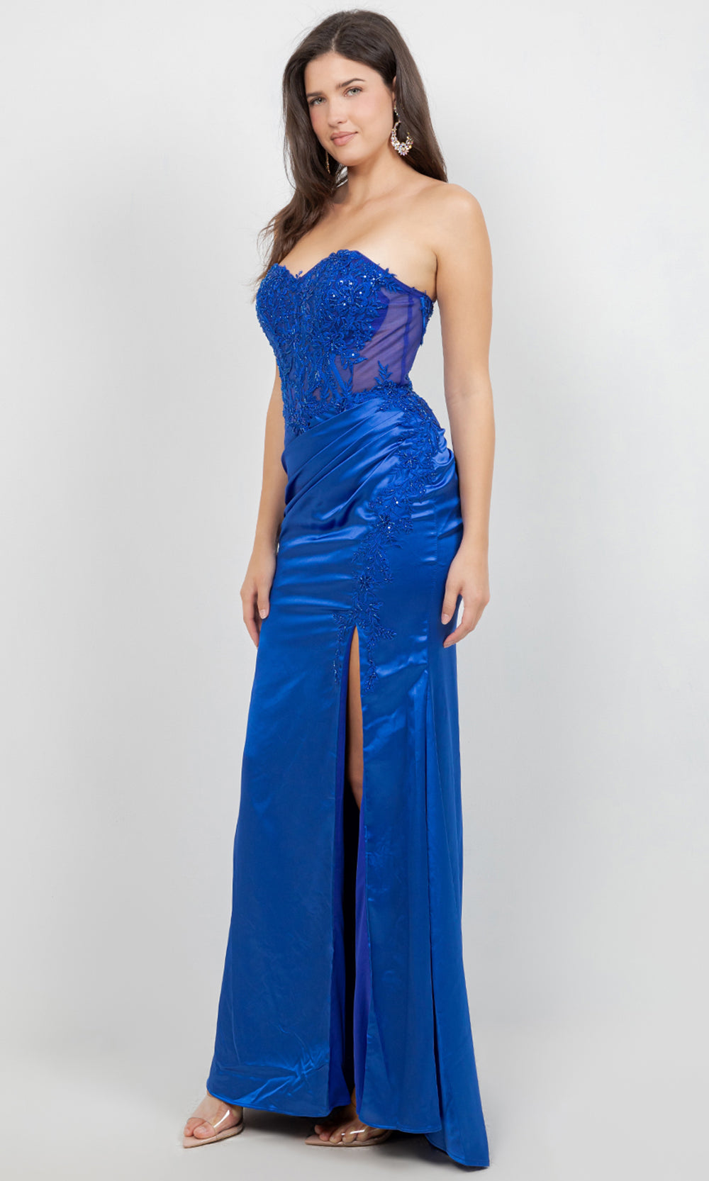 Cinderella Couture 8453J - Satin Strapless Floral Applique Prom Gown Prom Dresses in Royal 