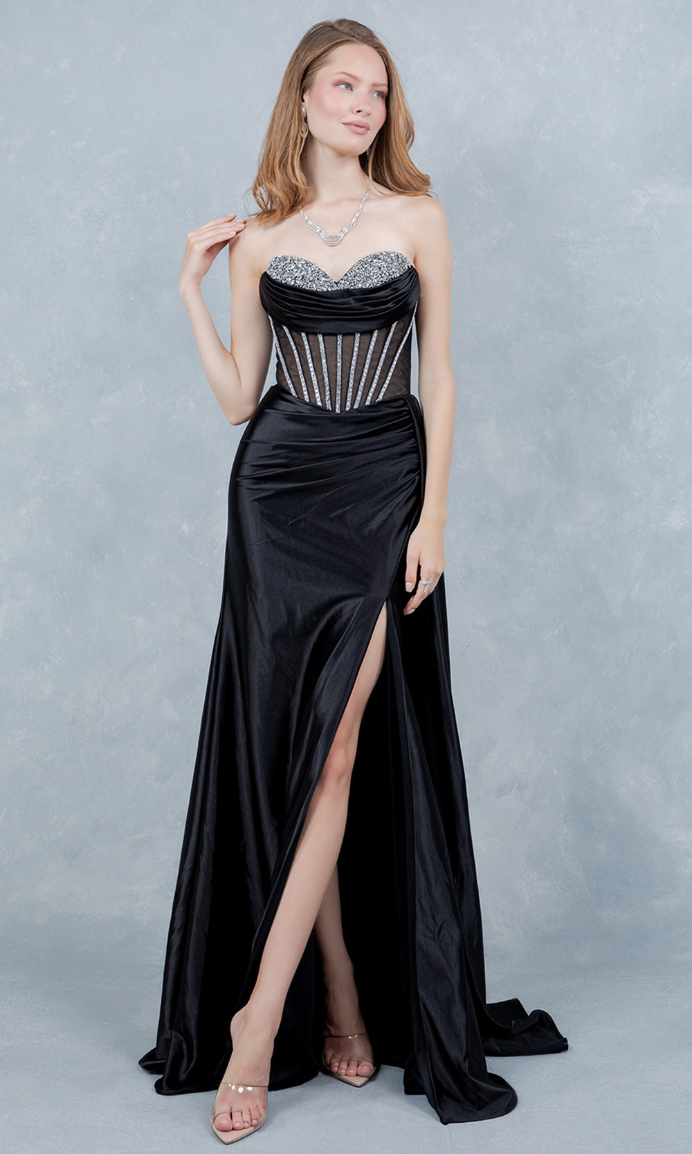 Cinderella Couture 8454J - Rhinestone Accent Fitted Sweetheart Gown Prom Dresses in Black