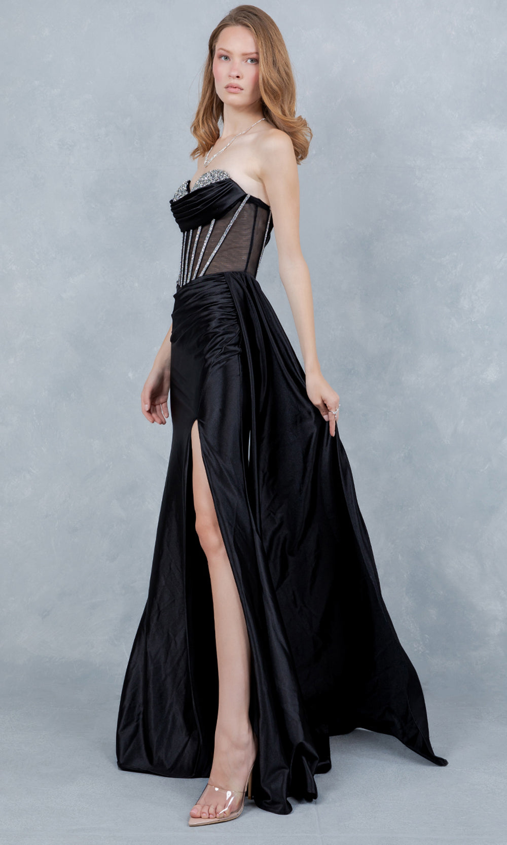 Cinderella Couture 8454J - Rhinestone Accent Fitted Sweetheart Gown Prom Dresses in Black