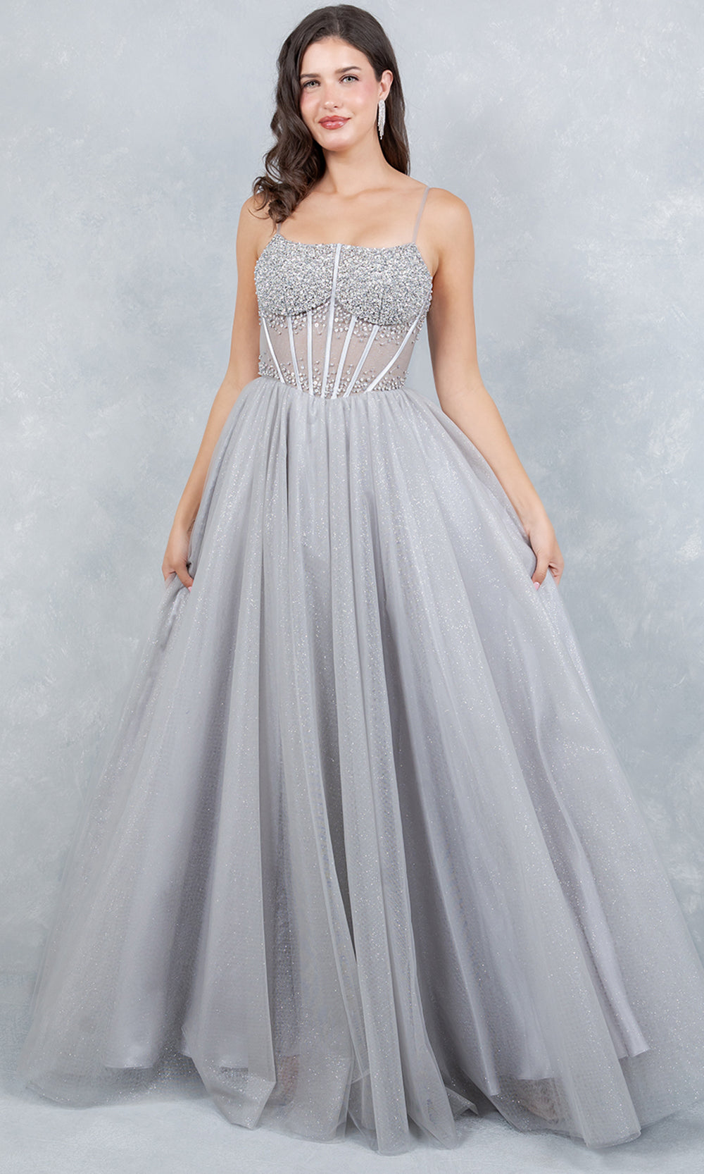 Cinderella Couture 8459J - Scoop Neck Hand Beaded Prom Gown Ball Gowns in Silver