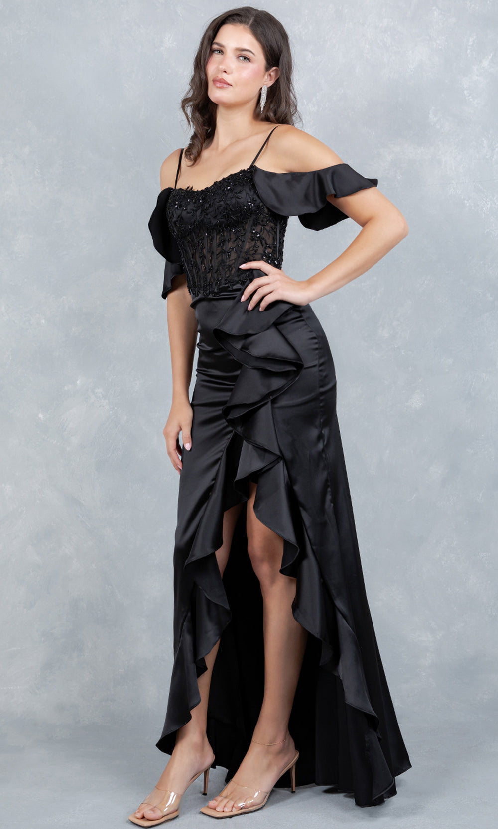 Cinderella Couture 8461J - Off Shoulder Draped Sleeve Ruffle Prom Gown Prom Dresses in Black