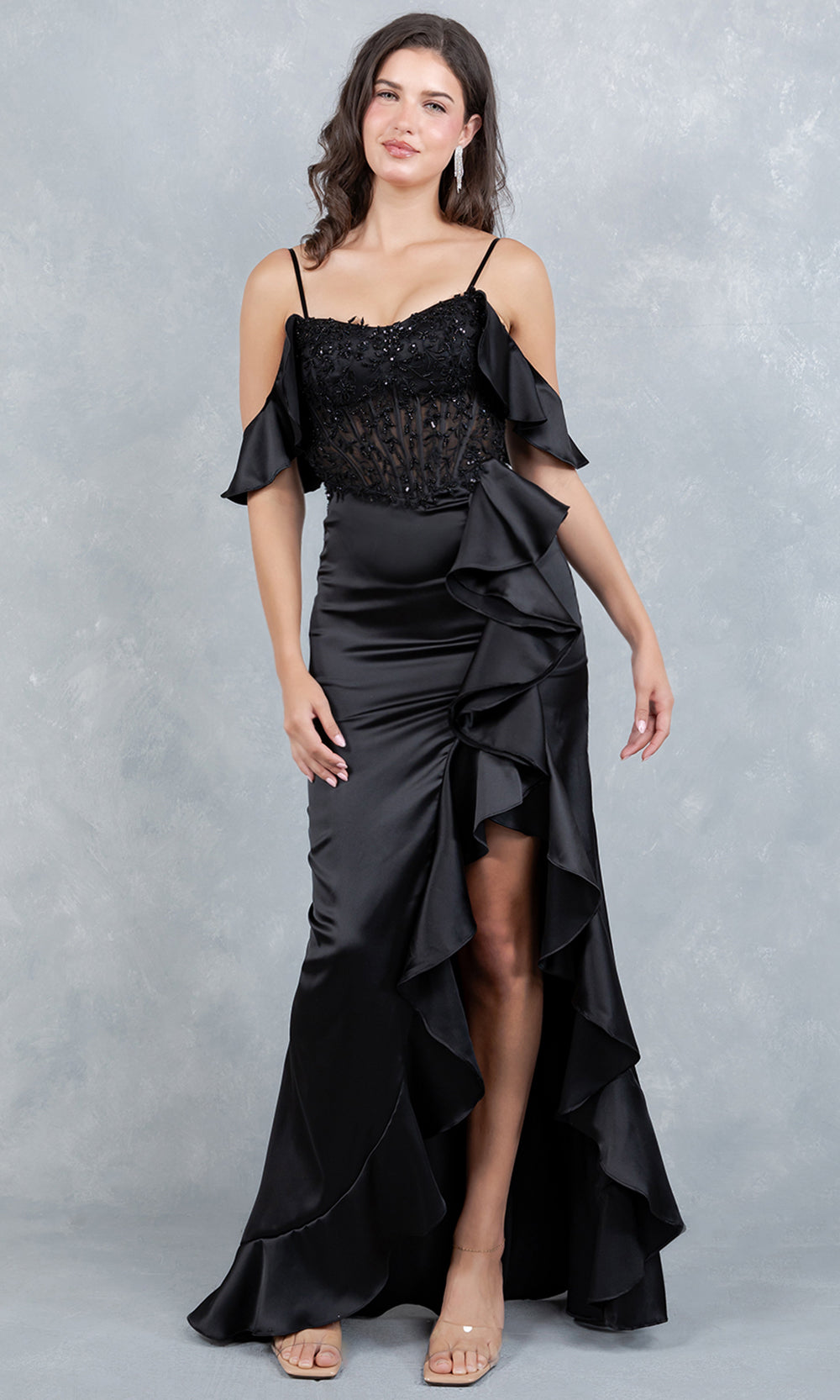 Cinderella Couture 8461J - Off Shoulder Draped Sleeve Ruffle Prom Gown Prom Dresses in Black