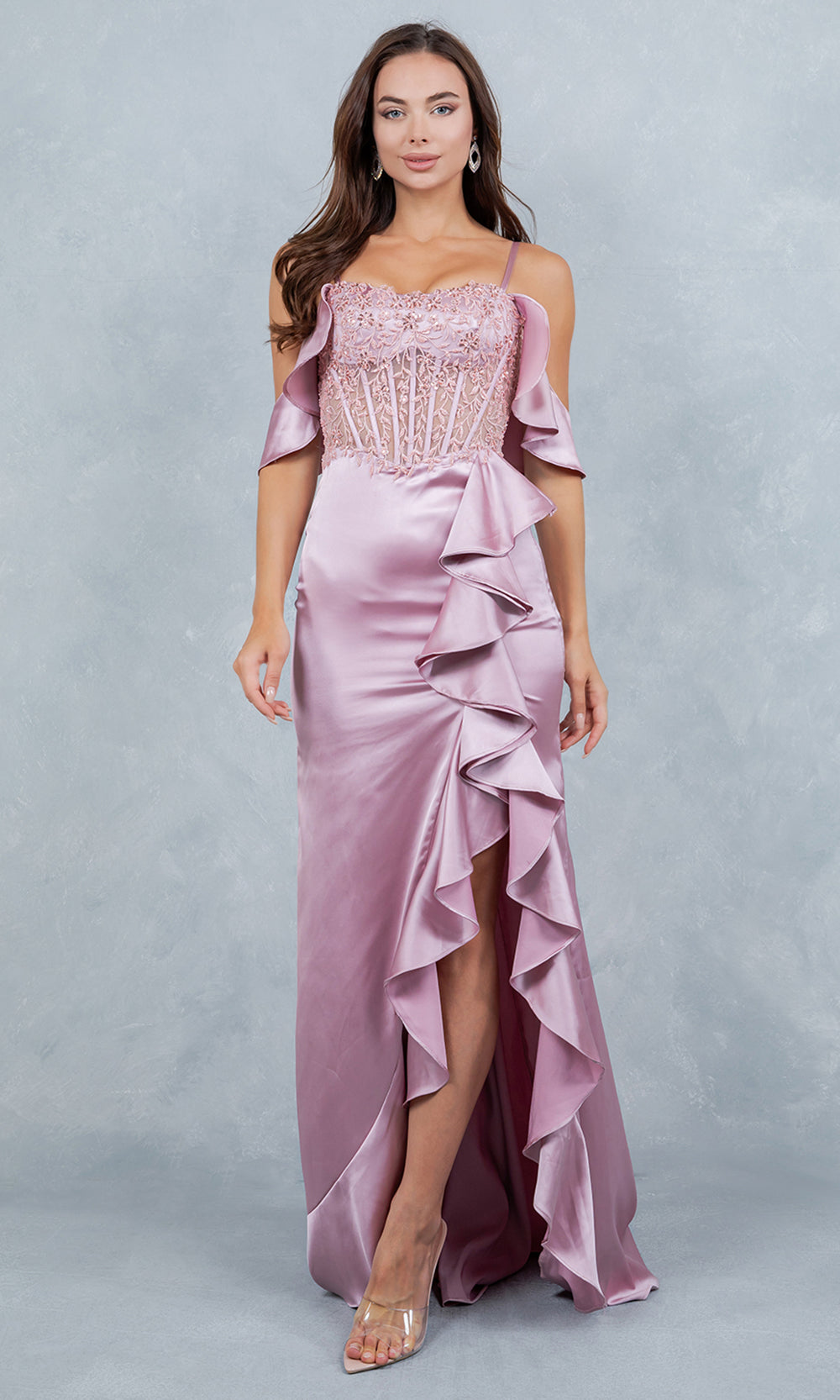 Cinderella Couture 8461J - Off Shoulder Draped Sleeve Ruffle Prom Gown Prom Dresses in Rose
