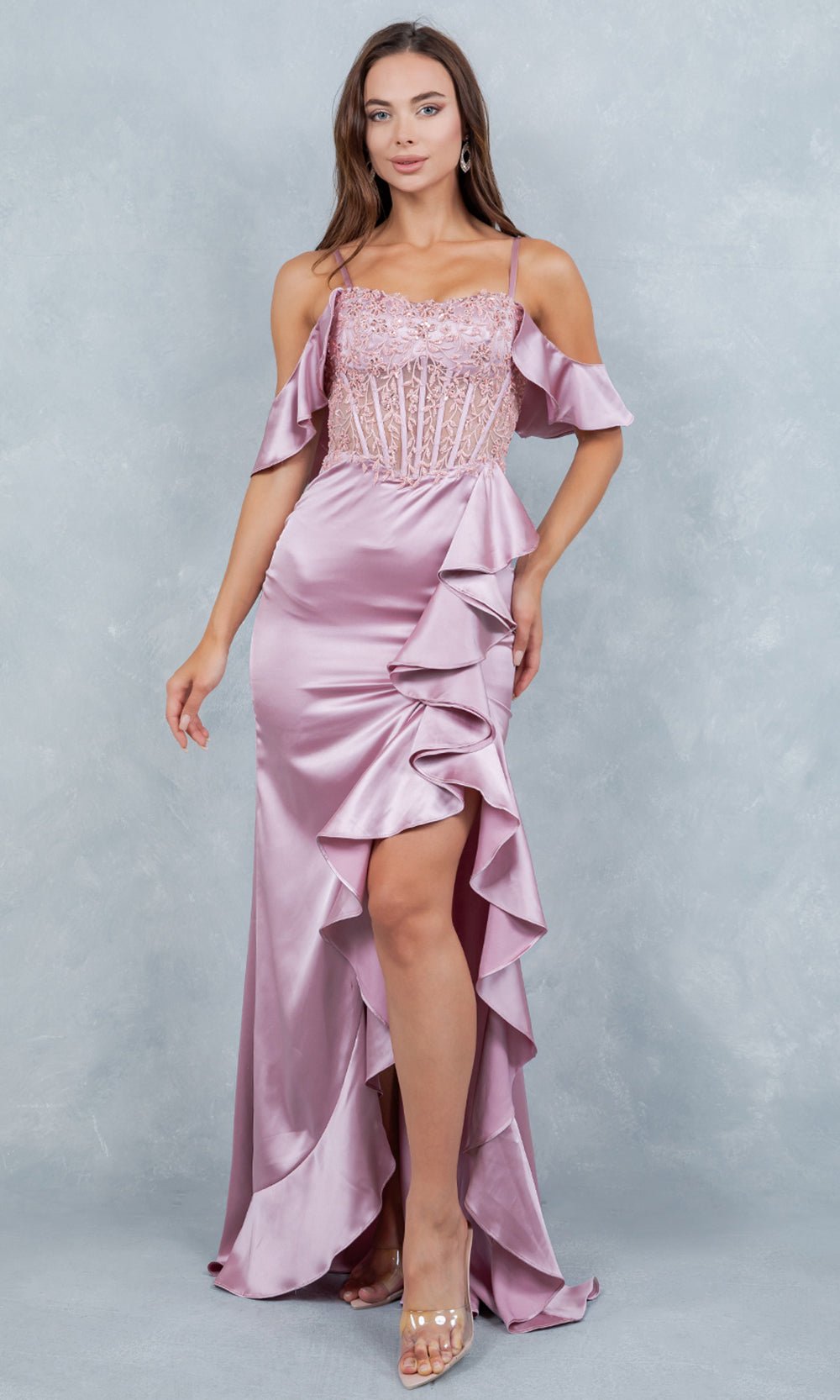 Cinderella Couture 8461J - Off Shoulder Draped Sleeve Ruffle Prom Gown Prom Dresses in Rose