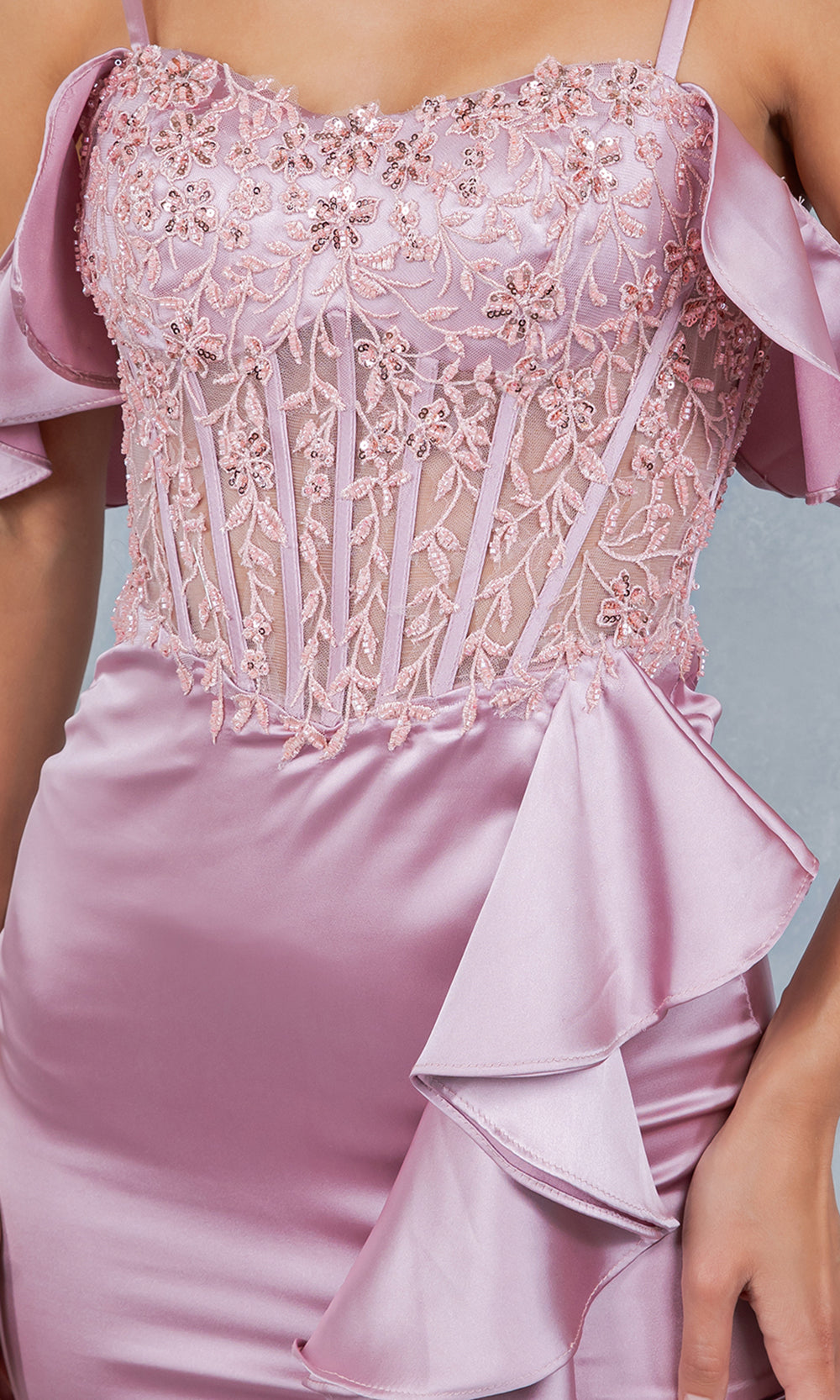 Cinderella Couture 8461J - Off Shoulder Draped Sleeve Ruffle Prom Gown Prom Dresses in Rose