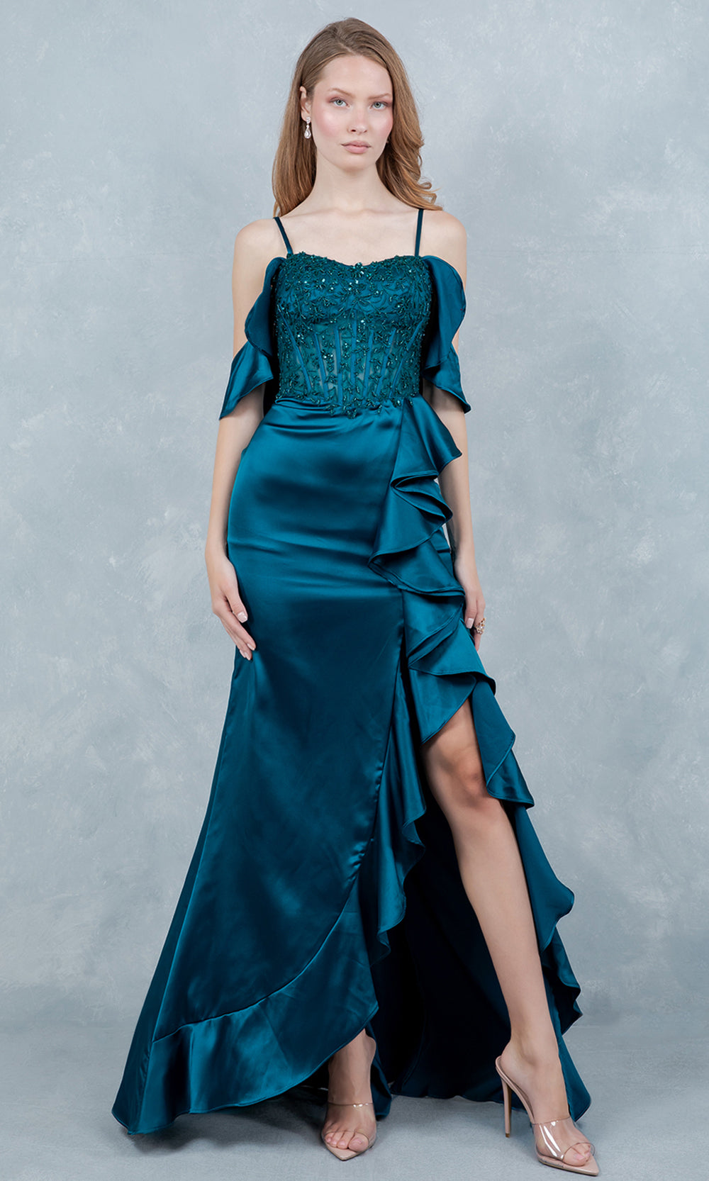 Cinderella Couture 8461J - Off Shoulder Draped Sleeve Ruffle Prom Gown Prom Dresses in Teal