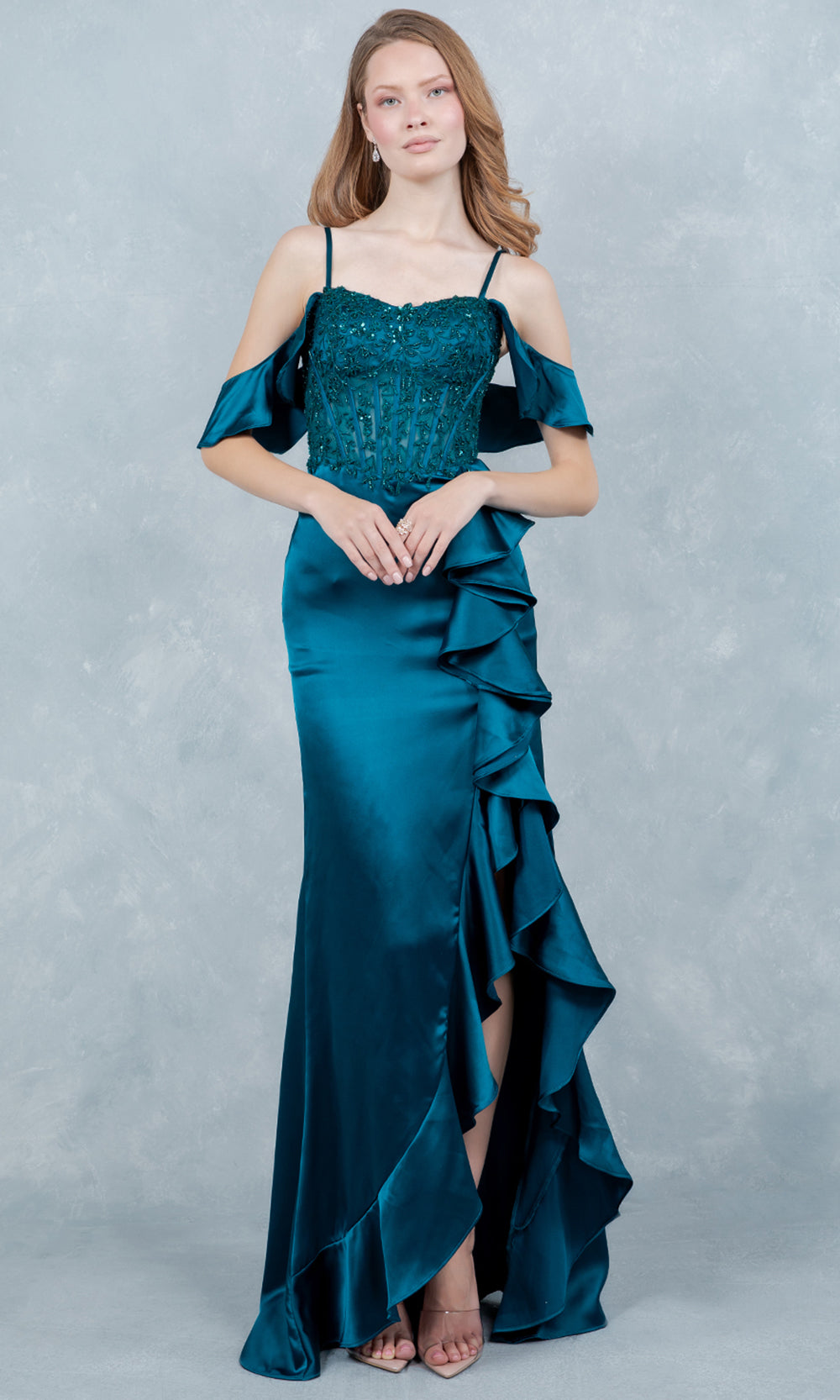 Cinderella Couture 8461J - Off Shoulder Draped Sleeve Ruffle Prom Gown Prom Dresses in Teal