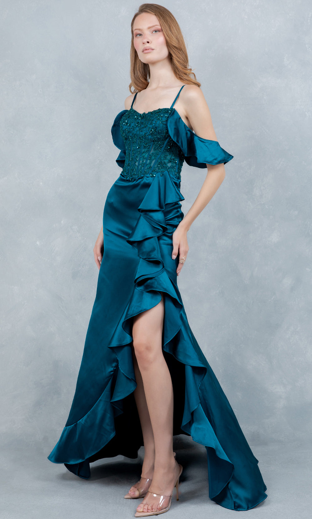 Cinderella Couture 8461J - Off Shoulder Draped Sleeve Ruffle Prom Gown Prom Dresses in Teal