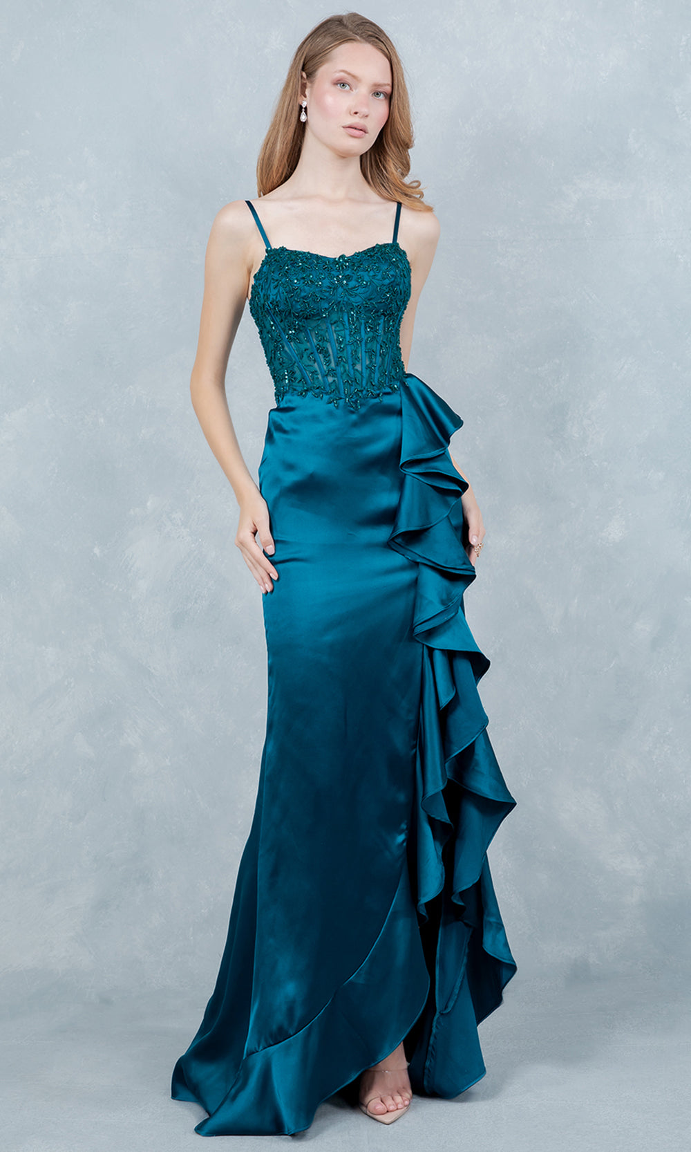 Cinderella Couture 8461J - Off Shoulder Draped Sleeve Ruffle Prom Gown Prom Dresses in Teal