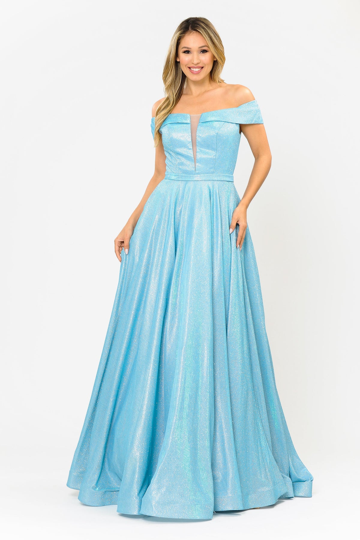 Poly USA 8464 - Glitter Fold-Over Neckline Long Gown Mother of the Bride Dresses in Blue  
