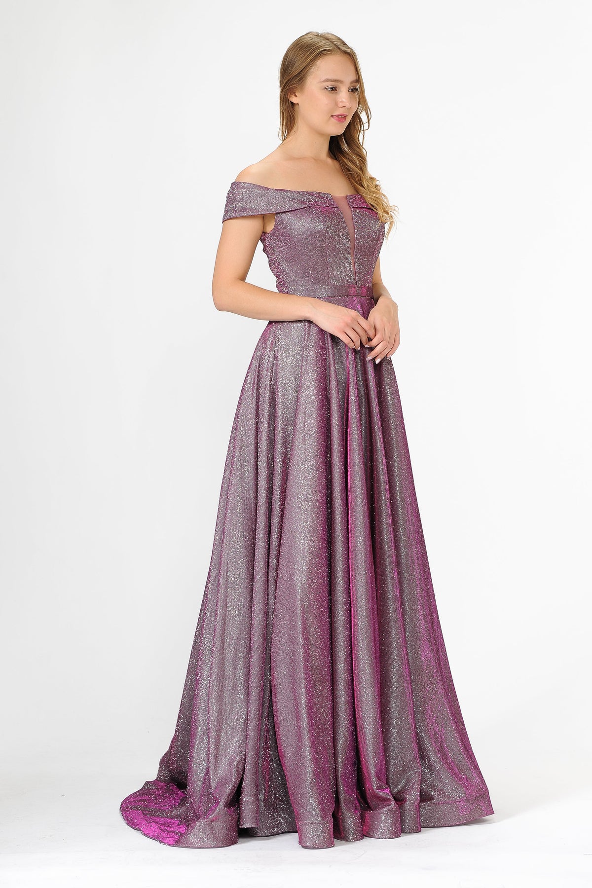 Poly USA 8464 - Glitter Fold-Over Neckline Long Gown Mother of the Bride Dresses in Purple  