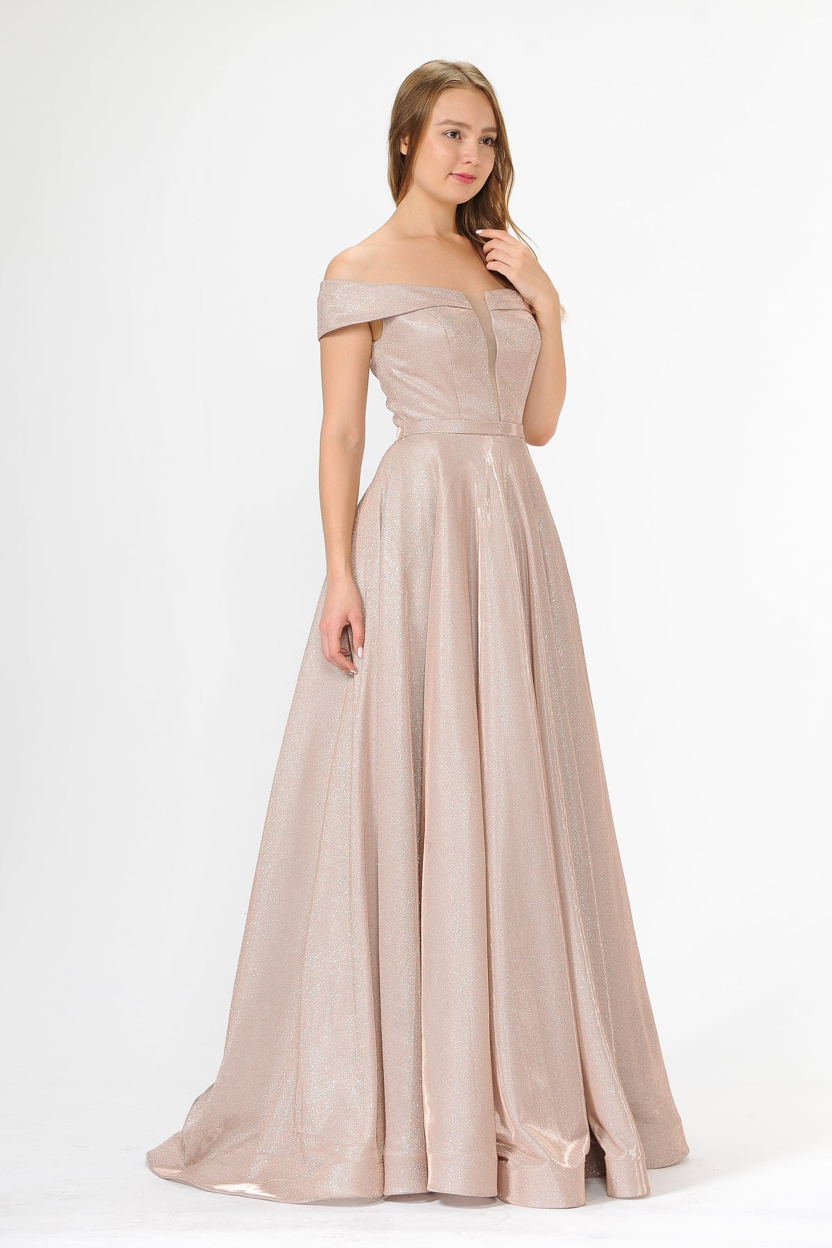 Poly USA 8464 - Glitter Fold-Over Neckline Long Gown Mother of the Bride Dresses in Pink  