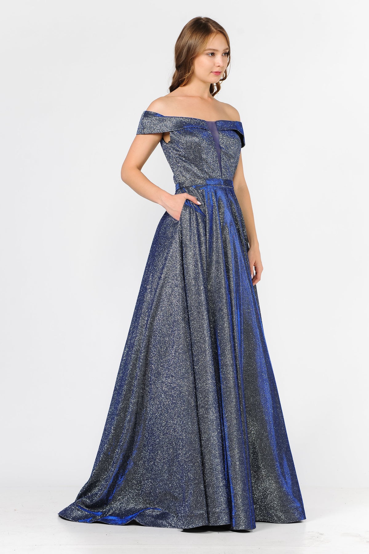 Poly USA 8464 - Glitter Fold-Over Neckline Long Gown Mother of the Bride Dresses in Blue  