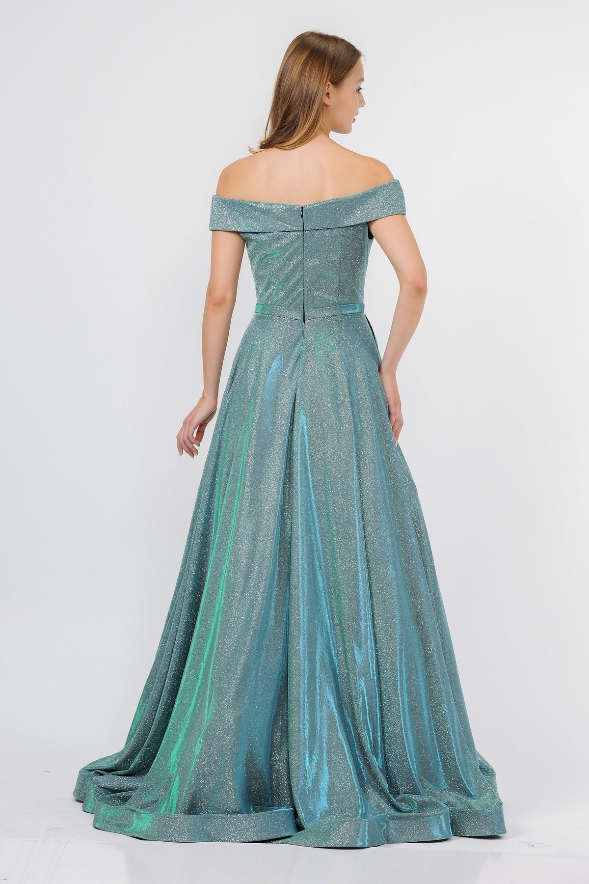 Poly USA 8464 - Glitter Fold-Over Neckline Long Gown Mother of the Bride Dresses in Green  