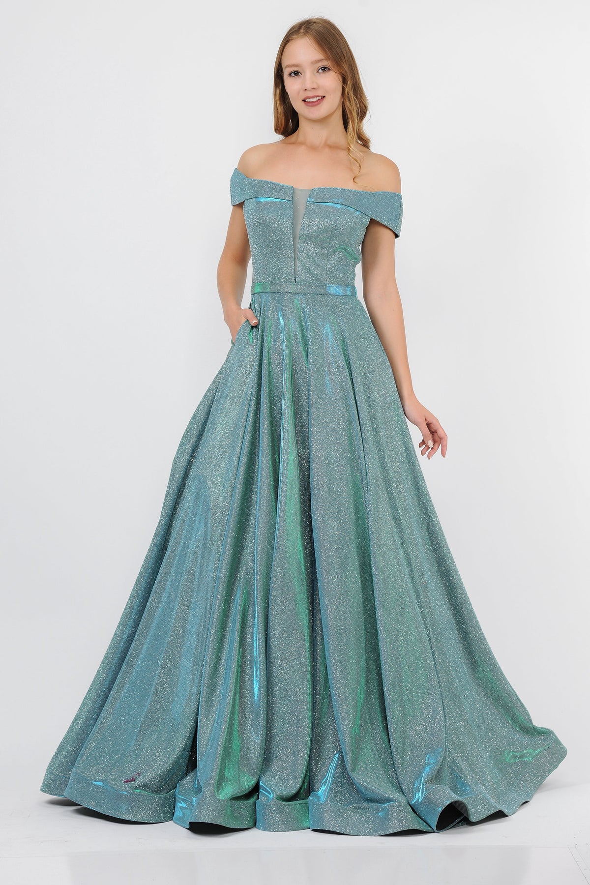 Poly USA 8464 - Glitter Fold-Over Neckline Long Gown Mother of the Bride Dresses in Green  