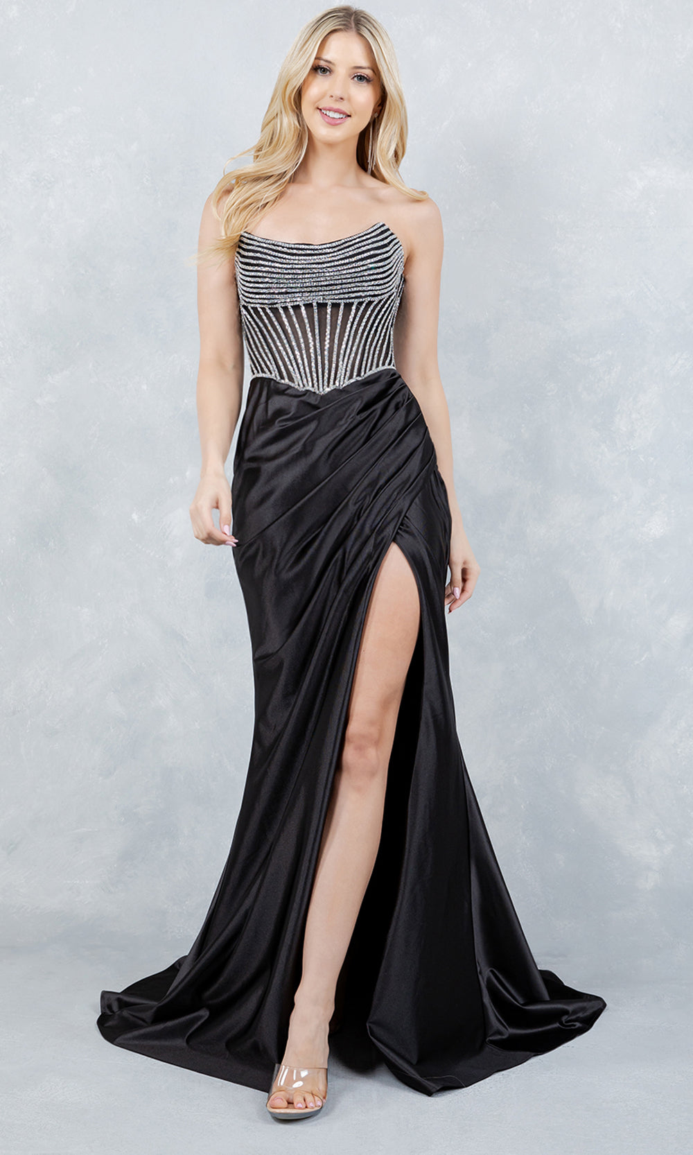 Cinderella Couture 8473J - Ruched Satin Strapless Evening Gown Prom Dresses in Black 