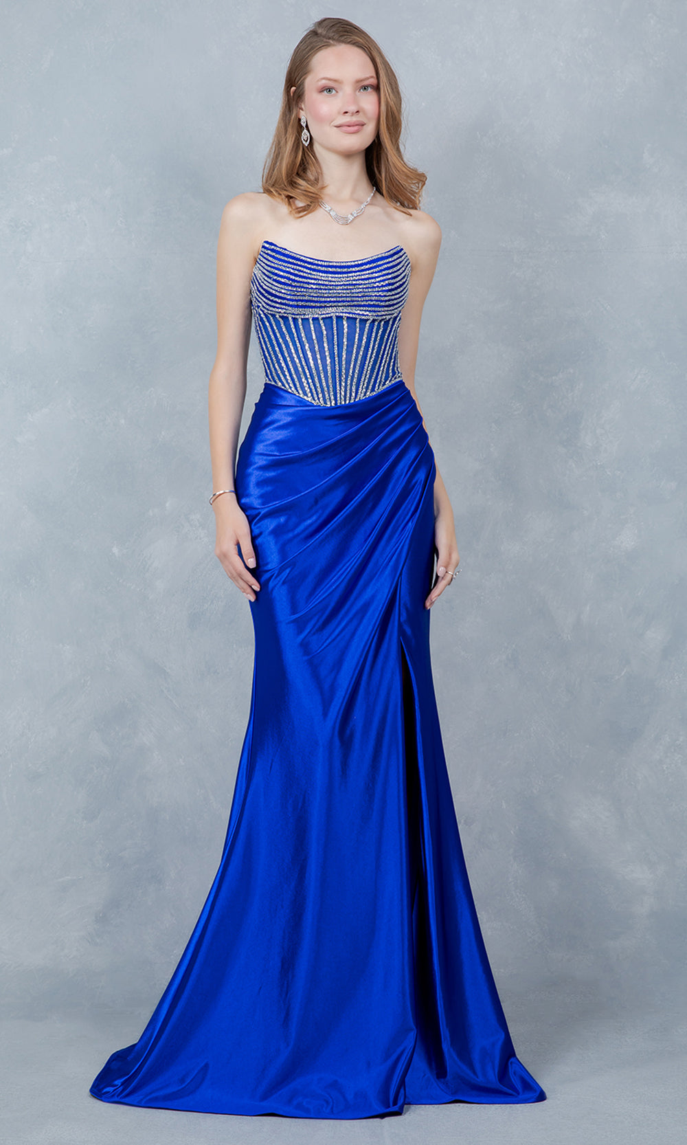 Cinderella Couture 8473J - Ruched Satin Strapless Evening Gown Prom Dresses in Blue 