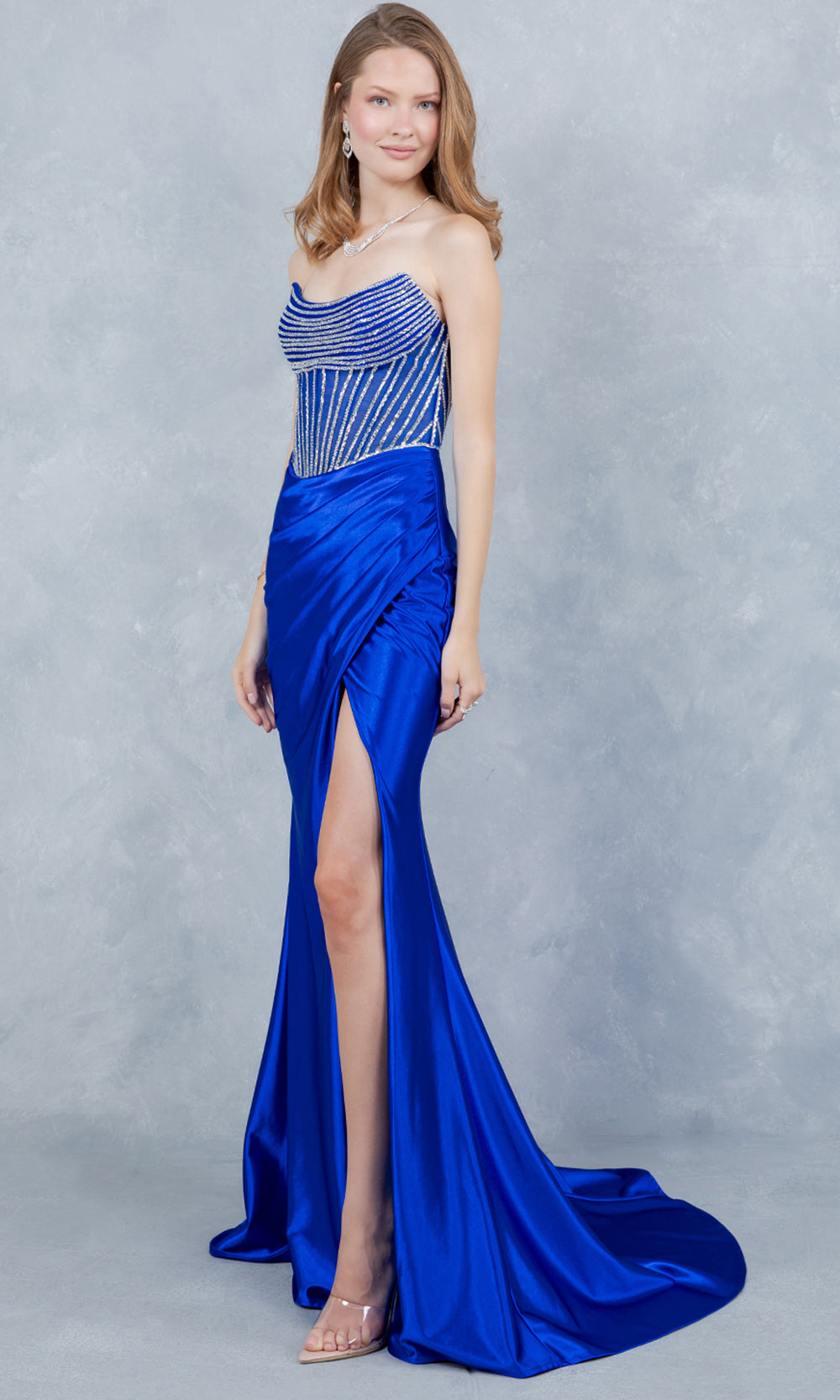 Cinderella Couture 8473J - Ruched Satin Strapless Evening Gown Prom Dresses in Blue 
