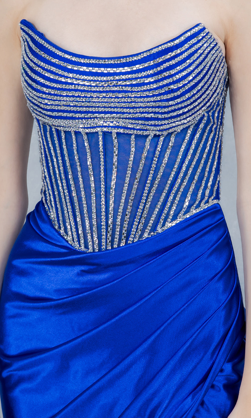 Cinderella Couture 8473J - Ruched Satin Strapless Evening Gown Prom Dresses in Blue 