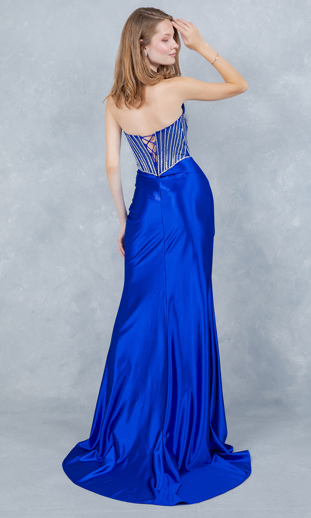 Cinderella Couture 8473J - Ruched Satin Strapless Evening Gown Prom Dresses in Blue 