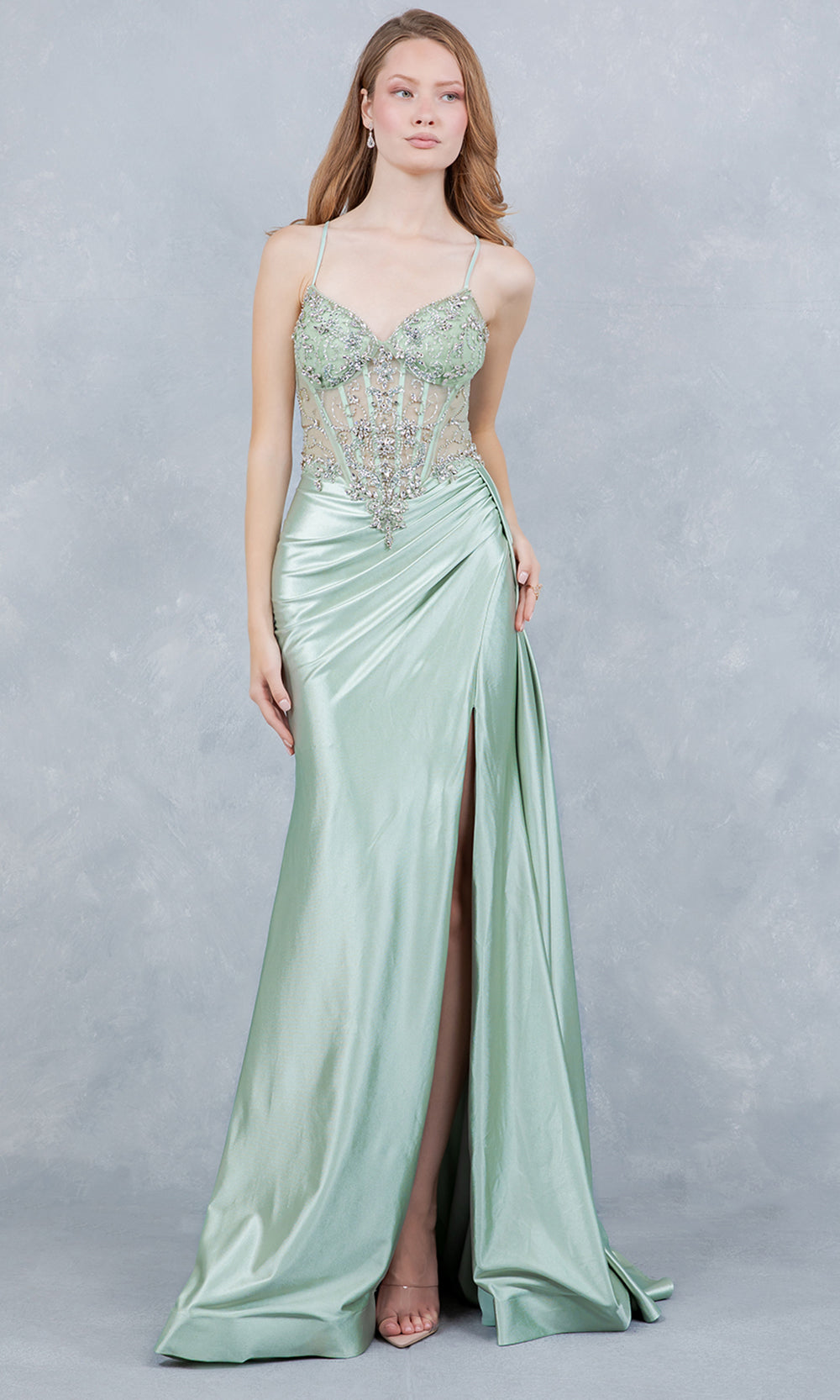 Cinderella Couture 8483J - Beaded Sleeveless Prom Gown with Side Drape Prom Dresses in Sage