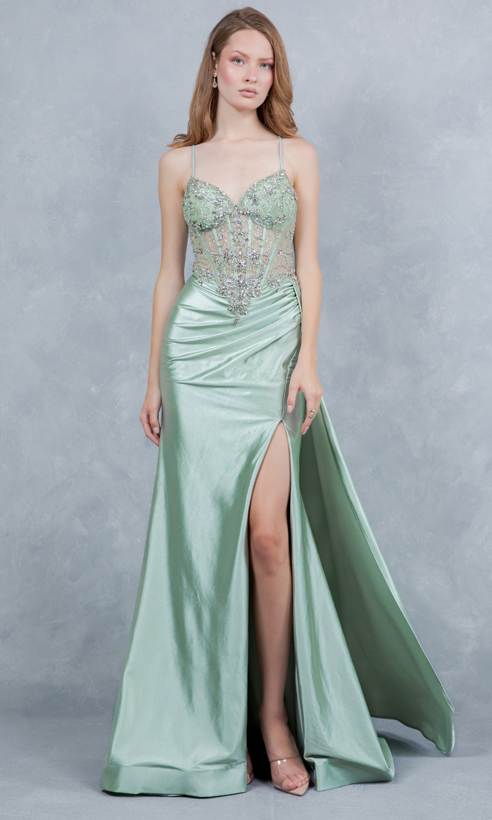 Cinderella Couture 8483J - Beaded Sleeveless Prom Gown with Side Drape Prom Dresses in Sage