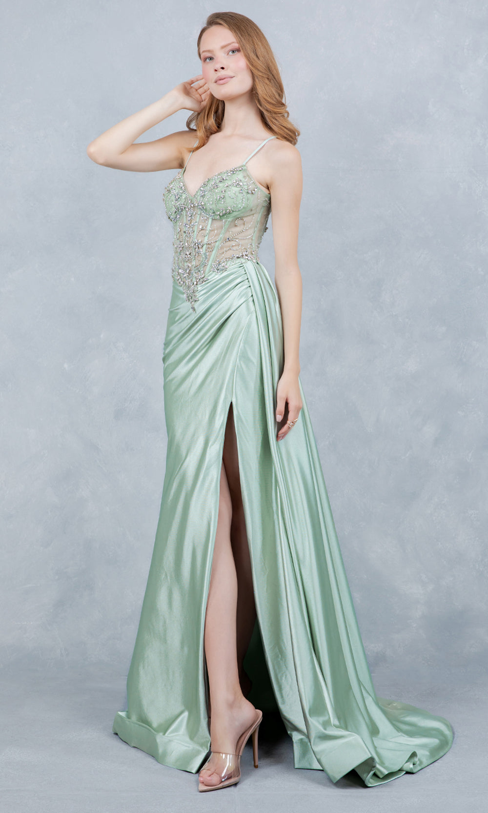 Cinderella Couture 8483J - Beaded Sleeveless Prom Gown with Side Drape Prom Dresses in Sage