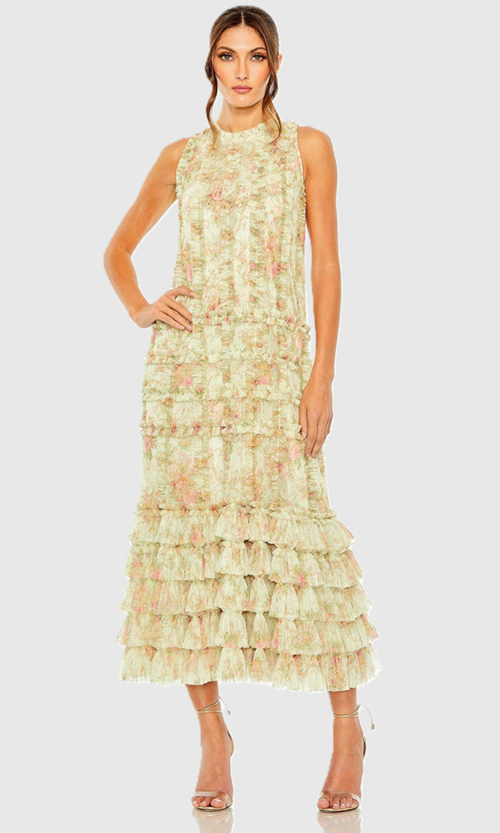 Mac Duggal 8484 - Sleeveless Textured Ruffle Midi Dress Cocktail Dresses in Green and Multi