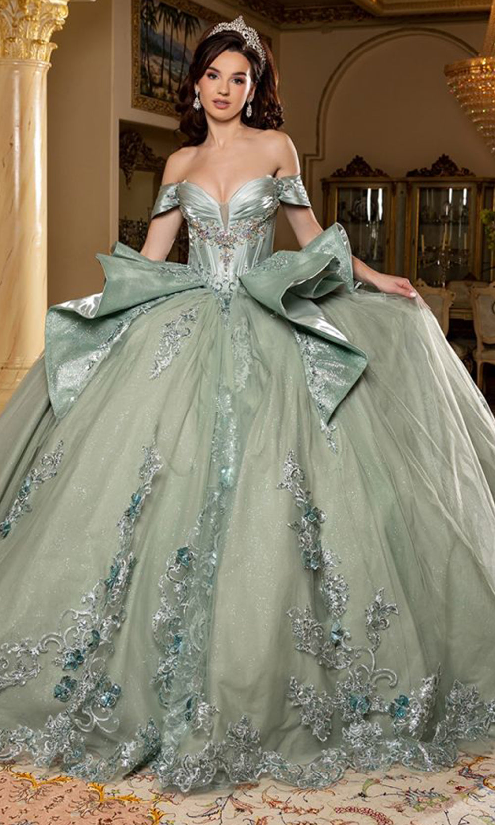 May Queen LK297 - Bow Accent Ballgown Evening Dress Quinceanera Dresses in Green 