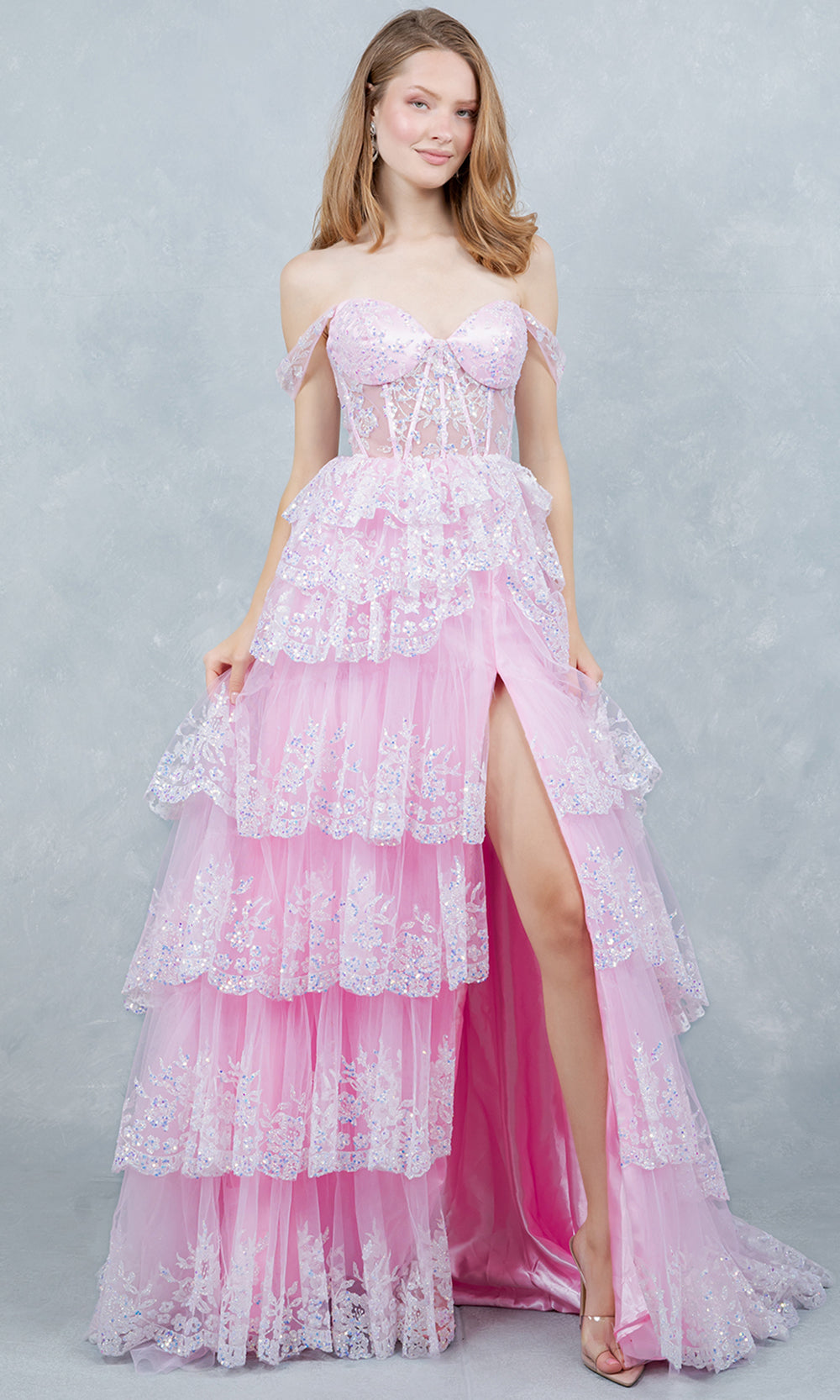 Cinderella Couture 8499J - Lace Applique Slit Prom Gown with Tiered Skirt Prom Dresses in Pink