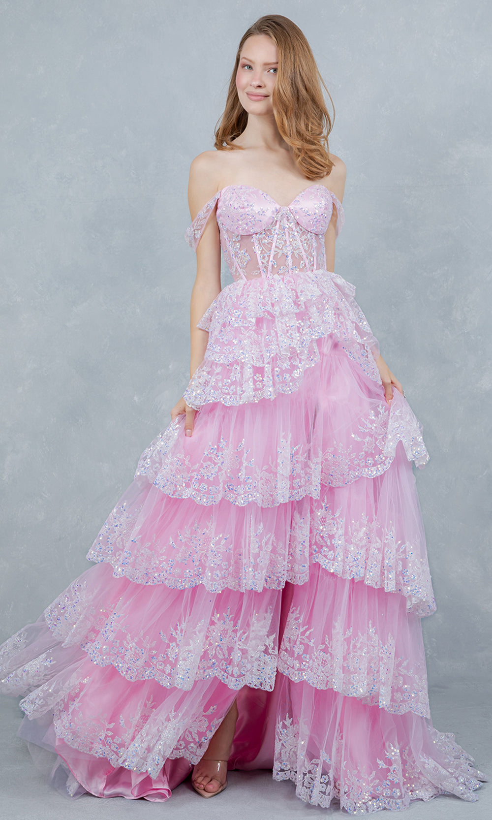 Cinderella Couture 8499J - Lace Applique Slit Prom Gown with Tiered Skirt Prom Dresses in Pink