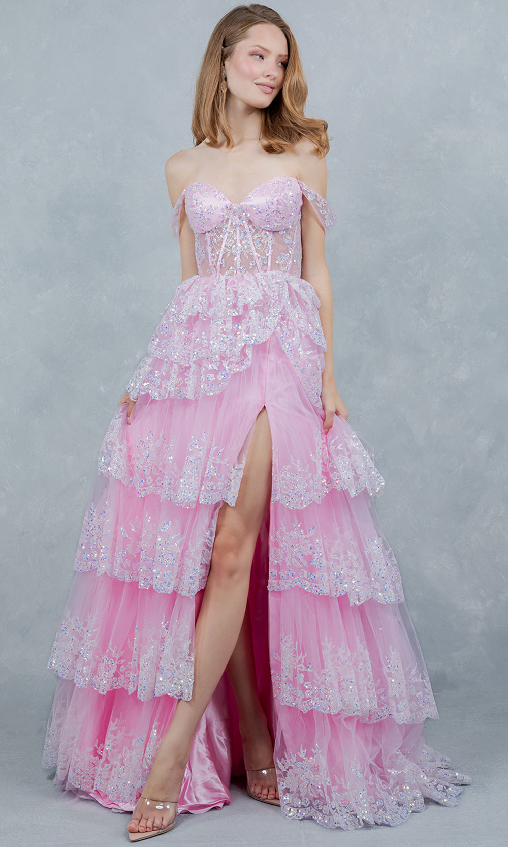 Cinderella Couture 8499J - Lace Applique Slit Prom Gown with Tiered Skirt Prom Dresses in Pink