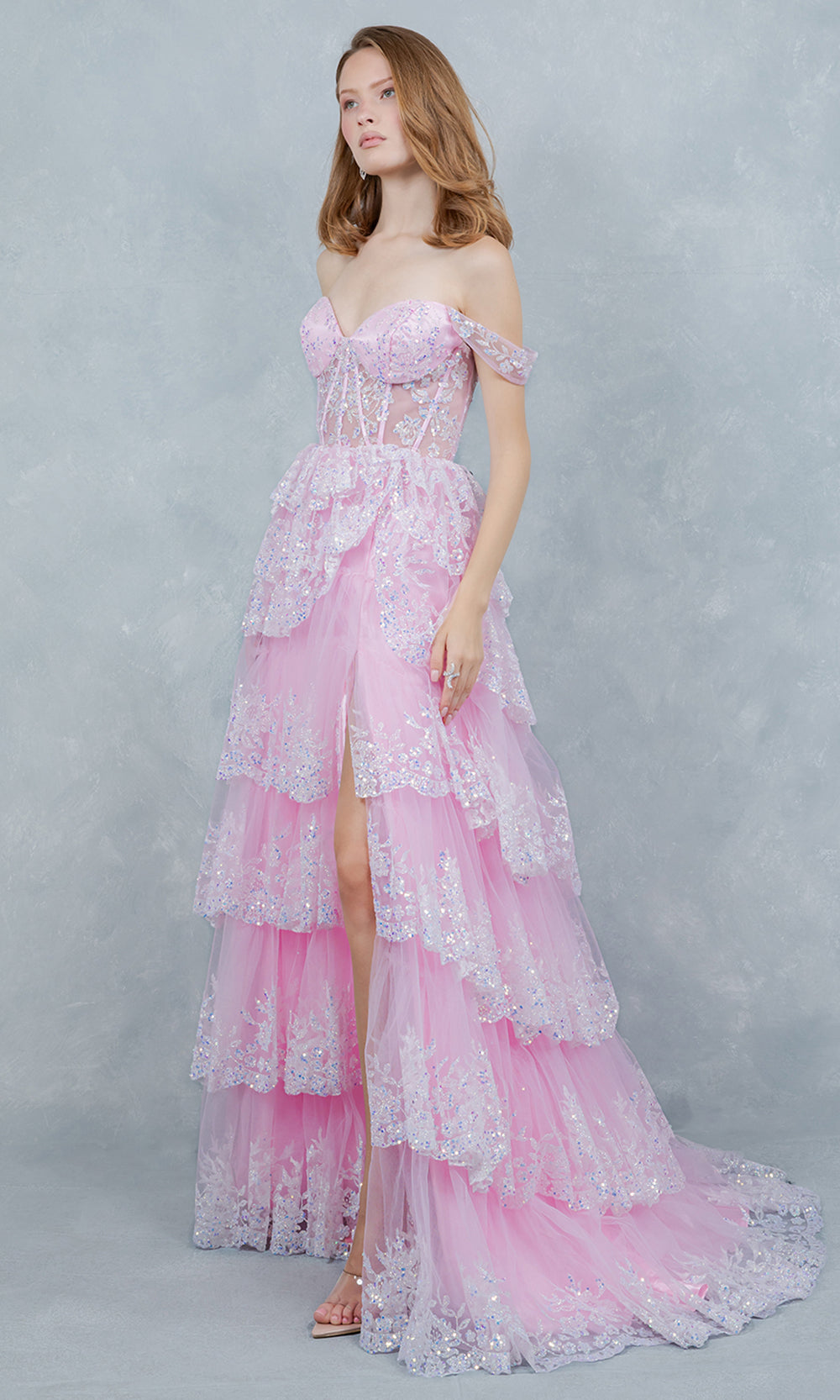Cinderella Couture 8499J - Lace Applique Slit Prom Gown with Tiered Skirt Prom Dresses in Pink