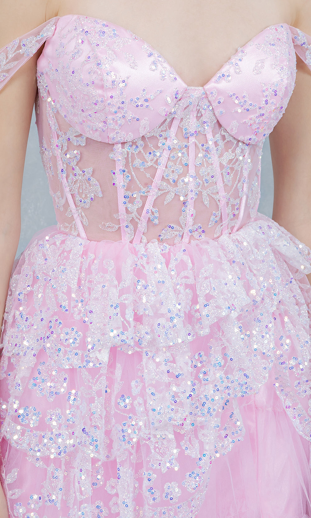 Cinderella Couture 8499J - Lace Applique Slit Prom Gown with Tiered Skirt Prom Dresses in Pink