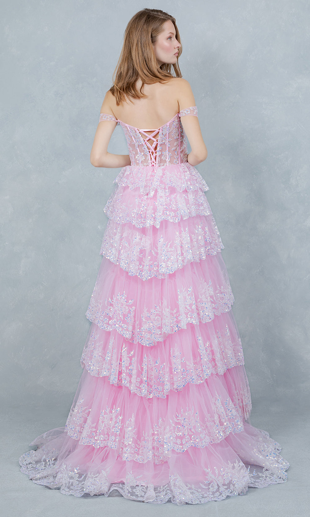 Cinderella Couture 8499J - Lace Applique Slit Prom Gown with Tiered Skirt Prom Dresses in Pink