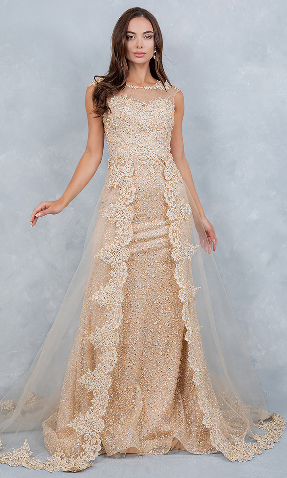 Cinderella Couture 8506J - Embellished Cap Sleeve Overskirt Bridal Gown Bridal Dresses in Champagne 