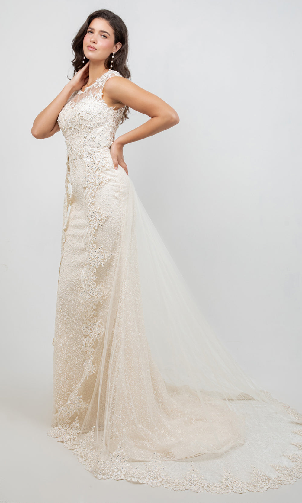Cinderella Couture 8506J - Embellished Cap Sleeve Overskirt Bridal Gown Bridal Dresses in Ivory 