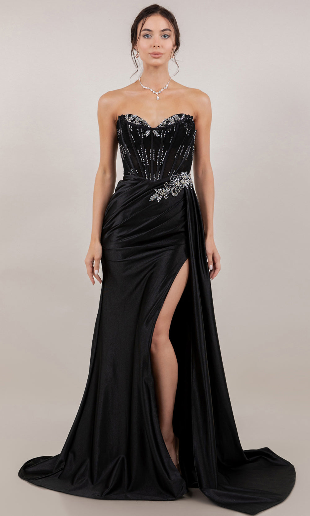 Cinderella Couture 8511J - Crystal Beaded Sheath Gown with Side Sash Prom Dresses in Black 